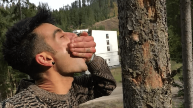 Boy drinks pees from on his hands outdoors